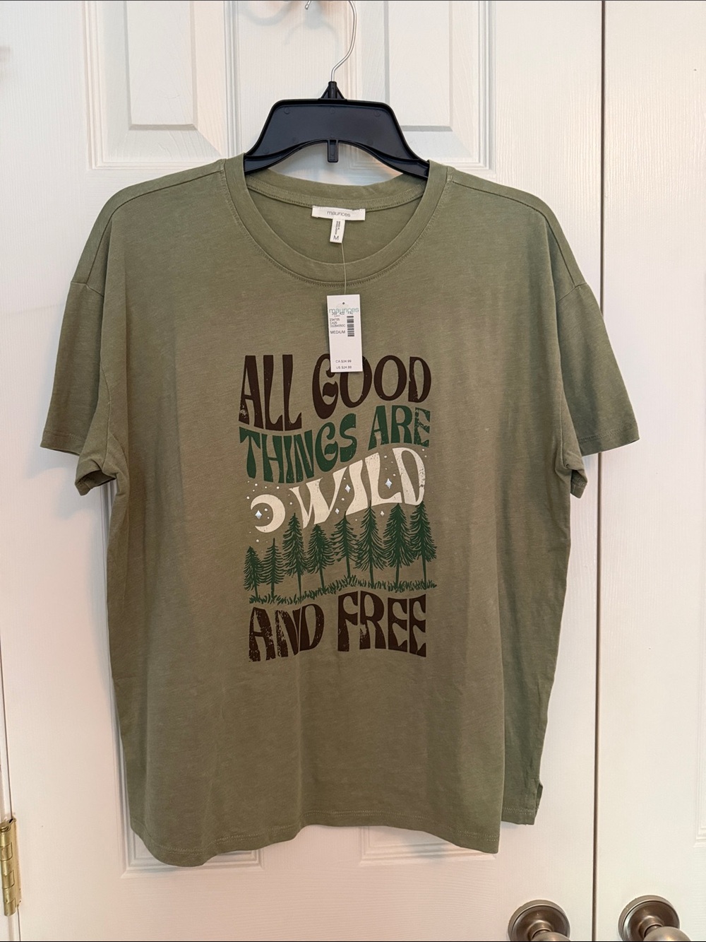 Maurices Olive Green 'All Good Things Are Wild and Free' Graphic Tee M NWT
